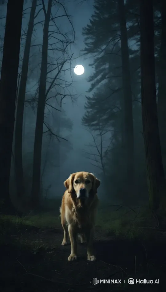 Sad Golden Retriever in Eerie Night Forest – AI Generated Video | Hailuo AI