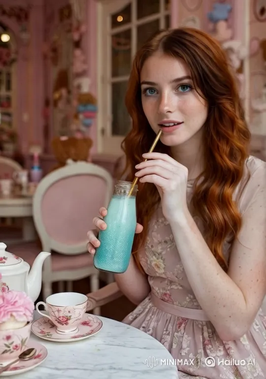 Young Woman Enjoying Sparkling Drink in Vintage Café – AI Generated Video | Hailuo AI