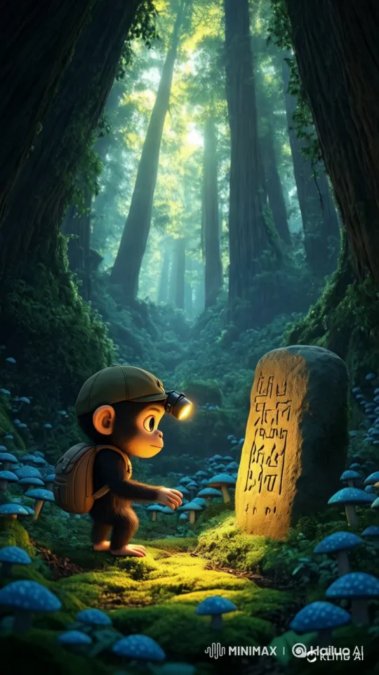 Monkey Explores Ancient Stone in Enchanted Forest – AI Generated Video | Hailuo AI
