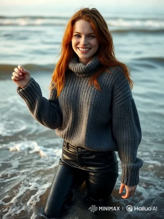 Woman in Red Hair Wades in Ocean at Sunset – AI Generated Video | Hailuo AI