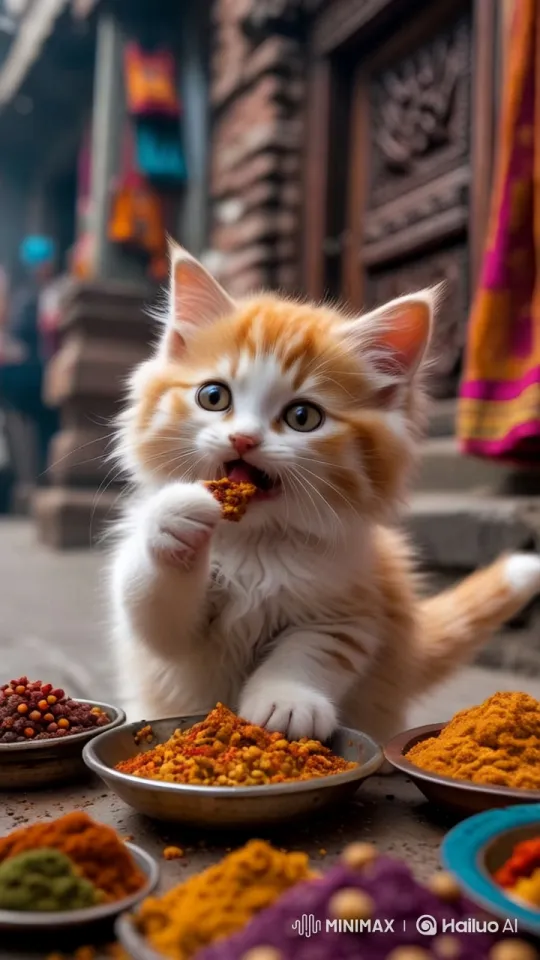 Aesthetic Video of Curious Kitten Eating Spices – AI Generated Video | Hailuo AI