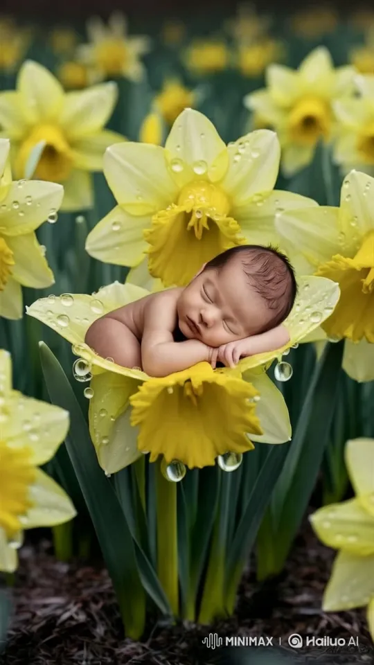 Newborn Nestled in Daffodil Bloom Amidst Serene Garden – AI Generated Video | Hailuo AI