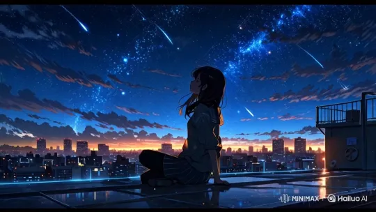 Contemplative Person Watches Shooting Stars on Rooftop – AI Generated Video | Hailuo AI