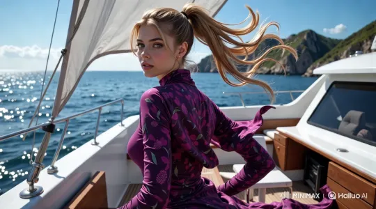 Stylish Woman on Yacht: Serene Ocean Elegance – AI Generated Video | Hailuo AI