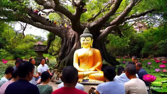 Tranquil Buddha Statue Amidst Serene Nature and Devotees – AI Generated Video | Hailuo AI
