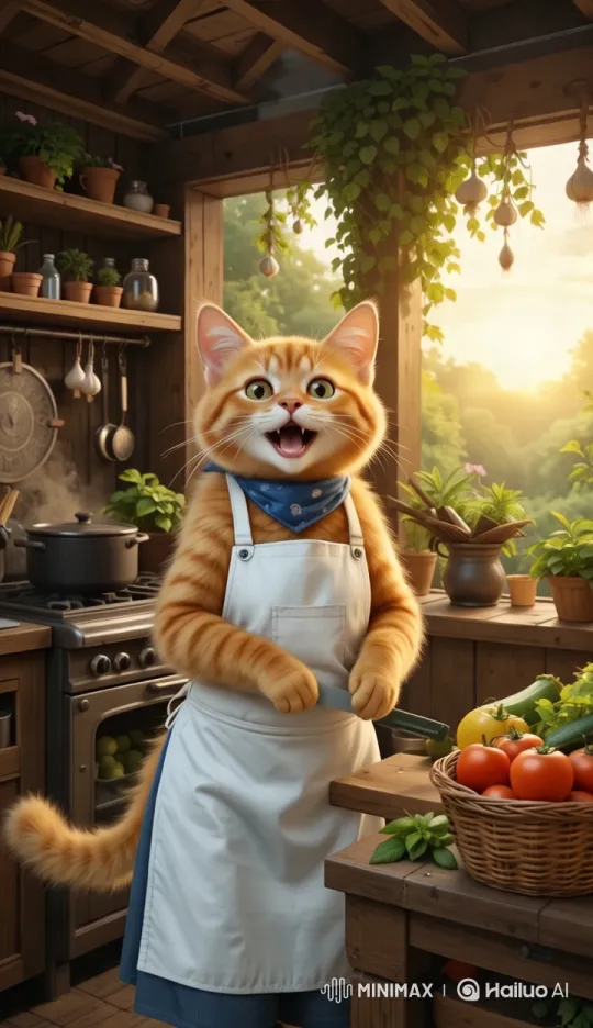 Anthropomorphic Cat Chef Prepares Meal in Rustic Kitchen – AI Generated Video | Hailuo AI