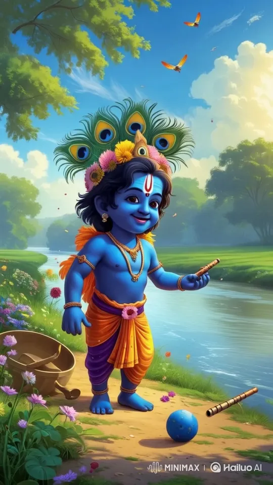 Blue-skinned Child Plays by the Serene River – AI Generated Video | Hailuo AI