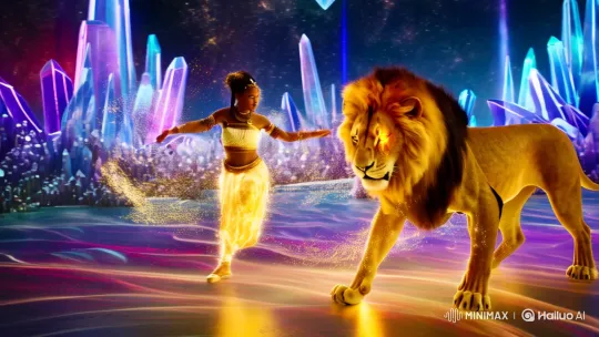 Girl and Lion Transform into Celestial Dancers in Cosmic Ballet – AI Generated Video | Hailuo AI