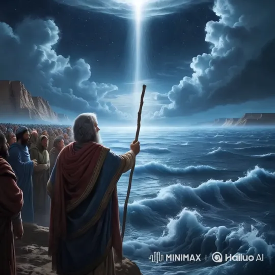 Mystical Figure Divides Waters Amidst Stormy Seaside Gathering – AI Generated Video | Hailuo AI