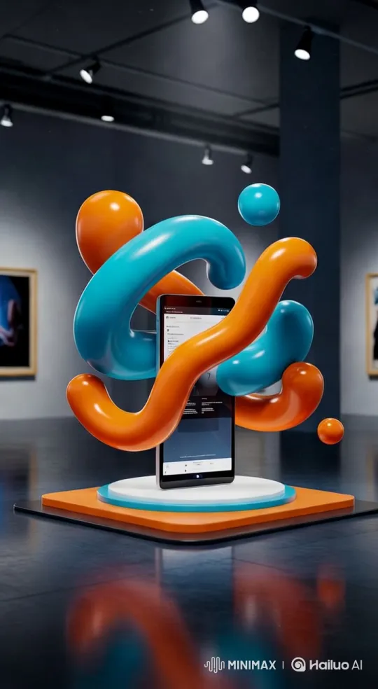 Art Gallery Showcases Smartphone with Dynamic Abstract Art – AI Generated Video | Hailuo AI