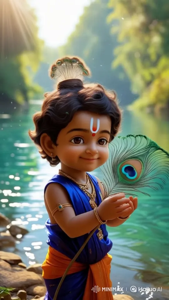 Child in Nature: Serene River Scene with Peacock Fan – AI Generated Video | Hailuo AI