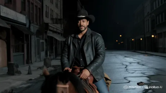 Cowboy Rides Through Dark City in High-Stakes Encounter – AI Generated Video | Hailuo AI