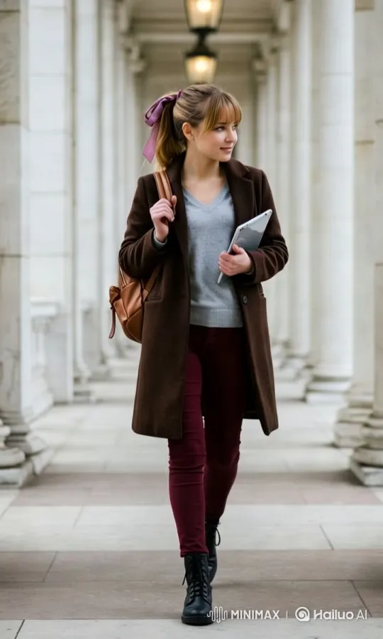 Young Woman Walks Through Elegant Corridor – AI Generated Video | Hailuo AI