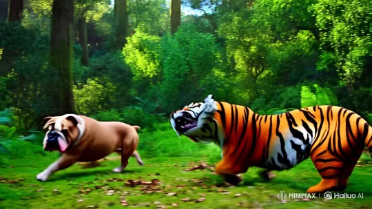 Bulldog and Tiger Clash in Verdant Forest Setting – AI Generated Video | Hailuo AI