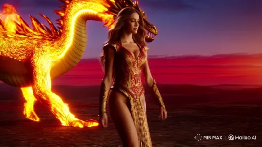 Graceful Woman and Majestic Fire Dragon in Enchanting Dance – AI Generated Video | Hailuo AI