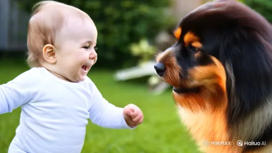 Baby and Dog Engage in Playful Backyard Fun – AI Generated Video | Hailuo AI