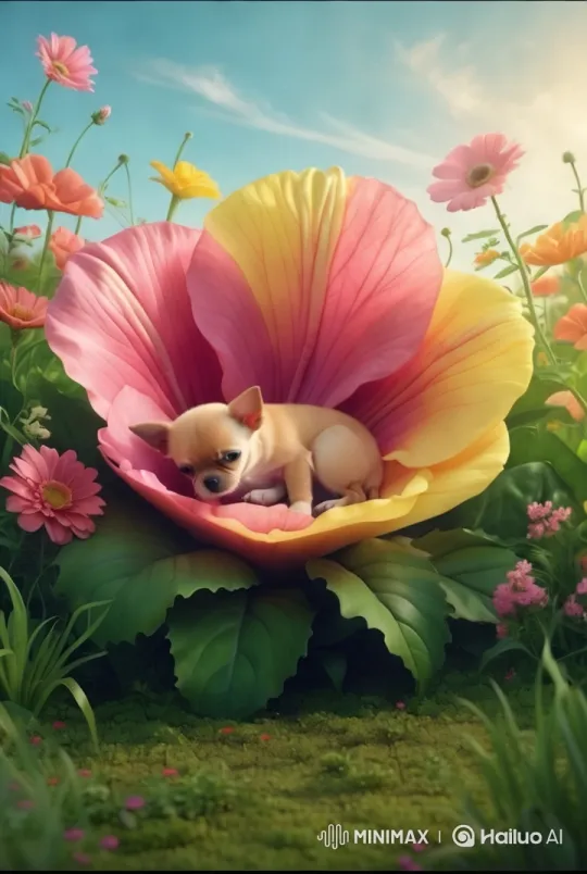 Enchanting Garden: Flower Embraces Sleeping Puppy – AI Generated Video | Hailuo AI