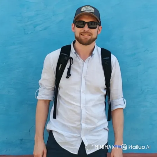 Vibrant Blue Wall: Man's Casual Pose with High Aesthetic – AI Generated Video | Hailuo AI