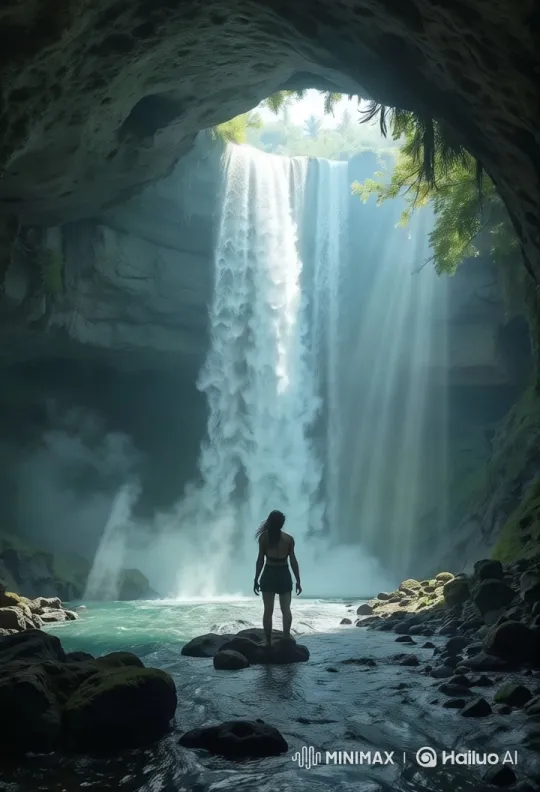 Cave of Waterfall: Majestic Flow and Light Play – AI Generated Video | Hailuo AI