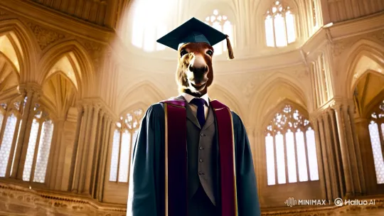 Surreal Donkey-Headed Graduate Showcases Degree in Opulent Hall – AI Generated Video | Hailuo AI