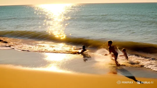 Family Enjoying Sunlit Beach Picnic and Play – AI Generated Video | Hailuo AI