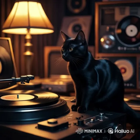 Vintage Vibes: Cat and Spinning LP Create Tranquil Scene – AI Generated Video | Hailuo AI