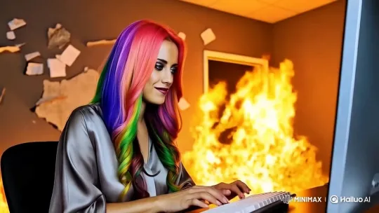 Woman Destroys Computer Amidst Intense Fire Explosion – AI Generated Video | Hailuo AI