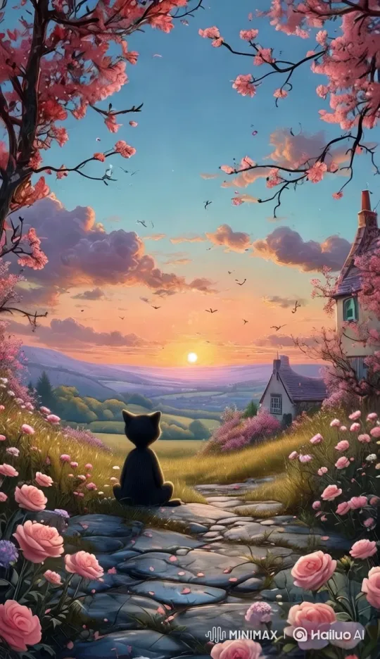 Contemplative Black Cat Amidst Serene Flowered Landscape – AI Generated Video | Hailuo AI
