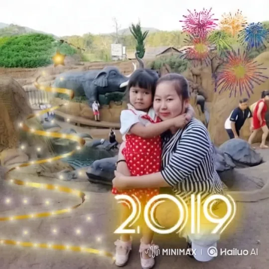 Joyful Park Celebration with Elephant Statue and Fireworks – AI Generated Video | Hailuo AI