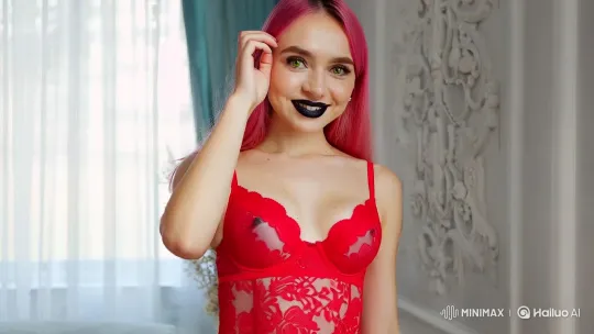 Pink-haired Woman in Red Lingerie with Flirty Pose – AI Generated Video | Hailuo AI