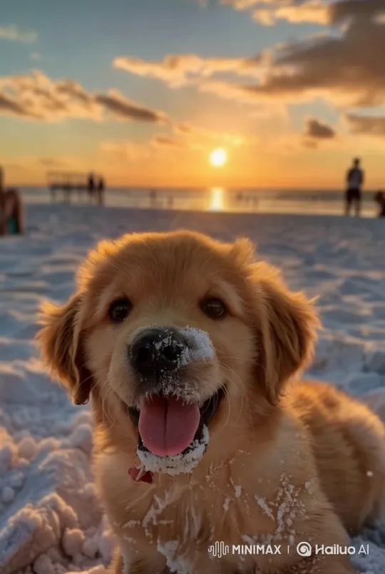 Cute Dog Plays Joyfully on a Golden Beach at Sunset – AI Generated Video | Hailuo AI