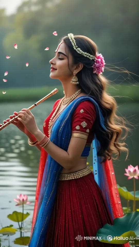 Traditional Flutist in Serene Lotus Lake Setting – AI Generated Video | Hailuo AI