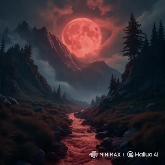 Crimson Moonrise Over Enchanted Mountainscape – AI Generated Video | Hailuo AI