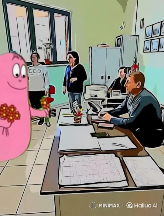 Animated Office Scene: Curious Pink Character and Cheerful Interactions – AI Generated Video | Hailuo AI