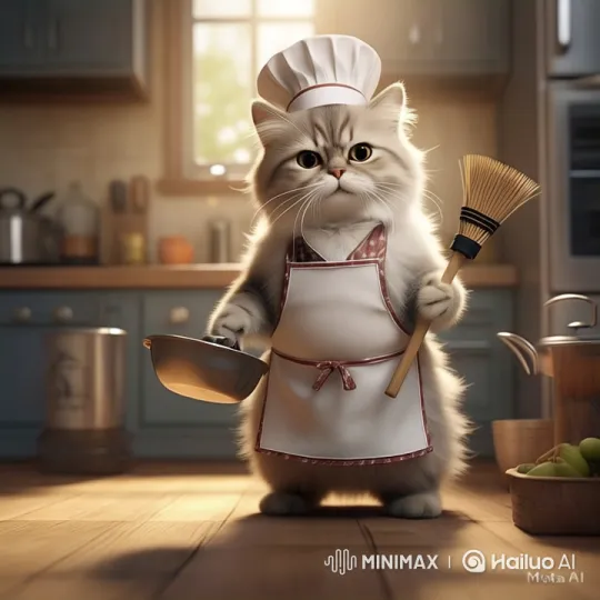 Adorable Cat Chef Floats in Whimsical Kitchen Scene – AI Generated Video | Hailuo AI