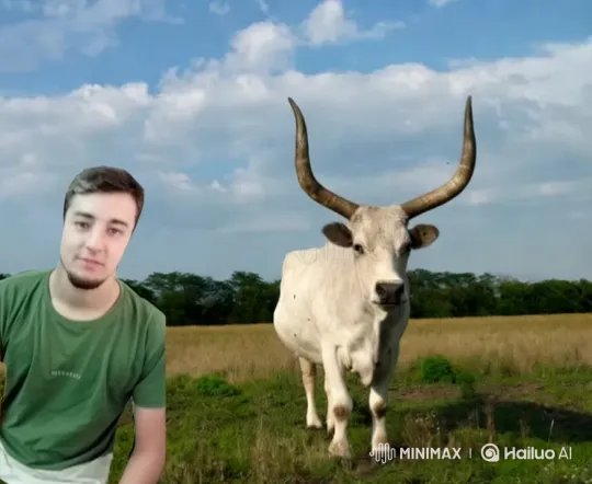 Man Mimics Bull by Wearing Its Horns in Surreal Scene – AI Generated Video | Hailuo AI