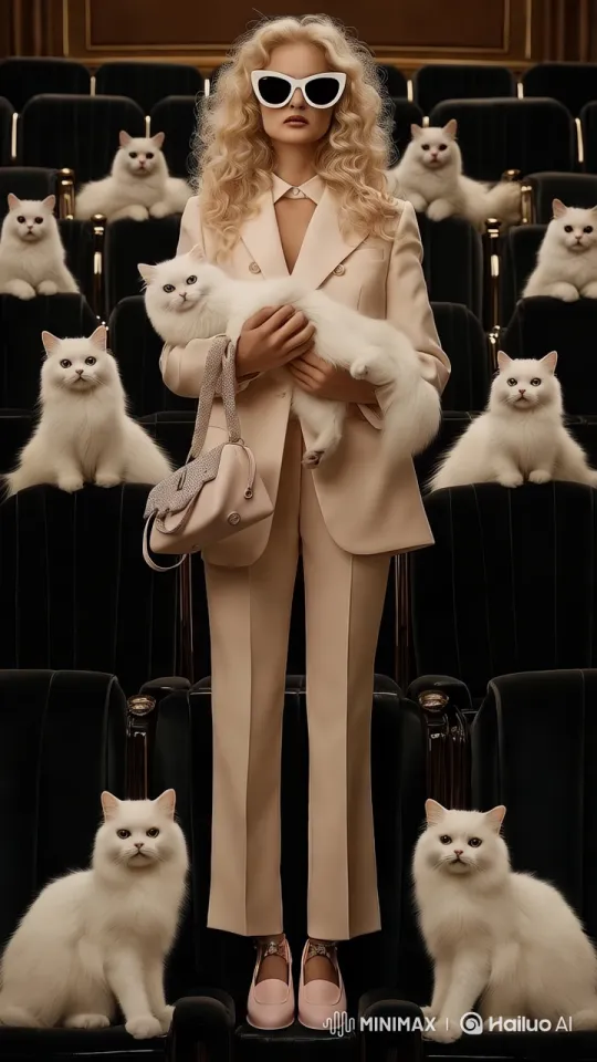 Elegant Girl Amidst Serene White Cats in Theatrical Hall – AI Generated Video | Hailuo AI
