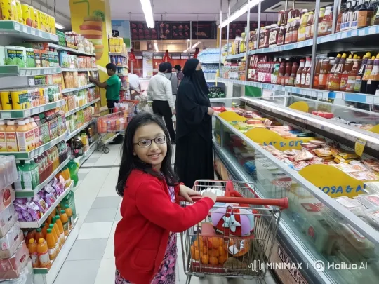 Girl in Red Sweater in Vibrant Supermarket Aisle – AI Generated Video | Hailuo AI