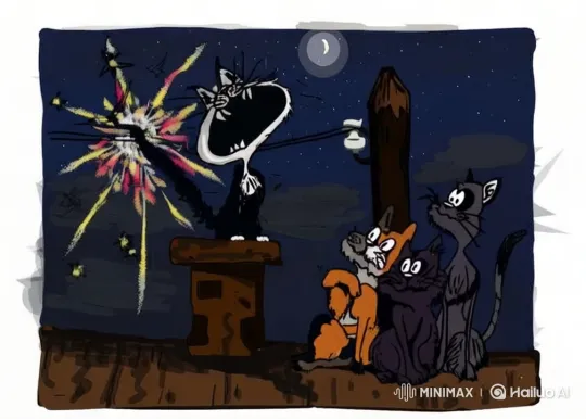 Night rooftop scene with electrocuted cat and startled feline reactions – AI Generated Video | Hailuo AI