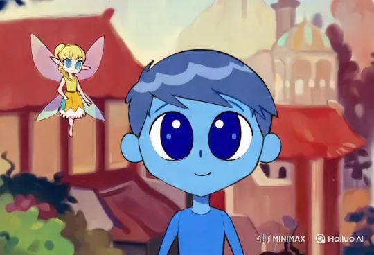 Animated Fairy Tale: Blue Boy and Fairy in Enchanted Village – AI Generated Video | Hailuo AI