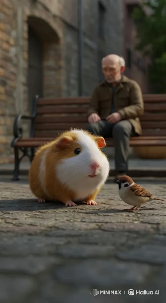 Hyper-Realistic Guinea Pig and Sparrow Interact on Urban Street – AI Generated Video | Hailuo AI