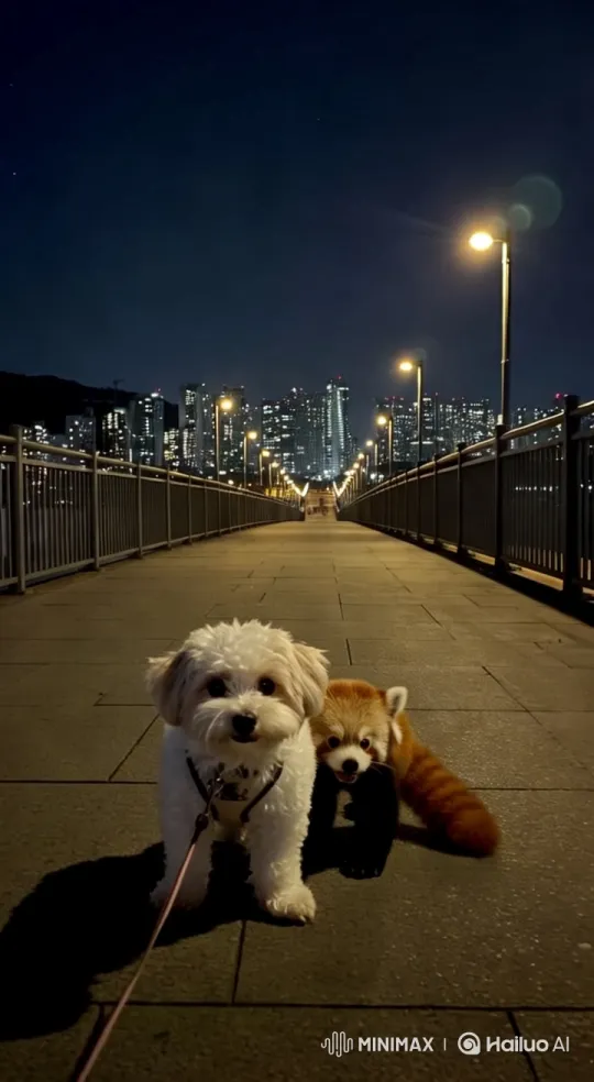 Night Walk: Dog and Red Panda on a Bridge – AI Generated Video | Hailuo AI