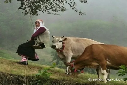 Tranquil Pastoral Scene with Woman, Cows, and Misty Landscape – AI Generated Video | Hailuo AI