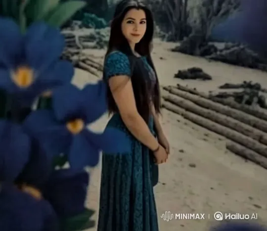 Woman in Blue Dress Walks Through Serene Landscape – AI Generated Video | Hailuo AI