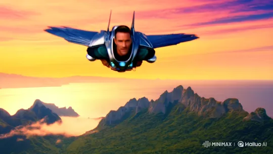 Man with Jetpack Soars Over Misty Mountains at Sunset – AI Generated Video | Hailuo AI