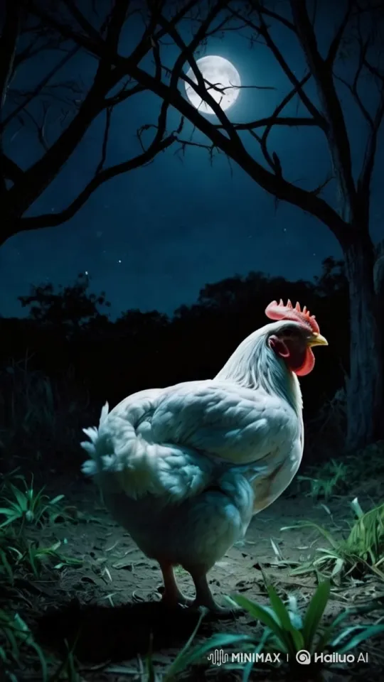 White Chicken in Moonlit Forest Clearing – AI Generated Video | Hailuo AI