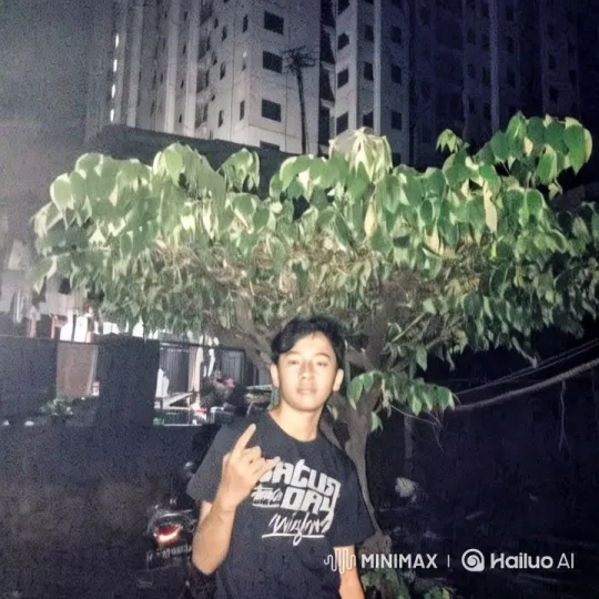 Young Man Poses with Tree at Night Amidst Cityscape – AI Generated Video | Hailuo AI