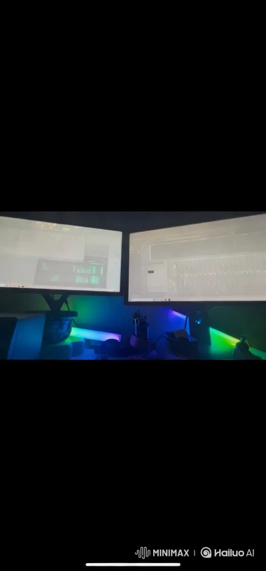 Dynamic PC Setup with Vibrant Monitors and Synced LED Lighting – AI Generated Video | Hailuo AI