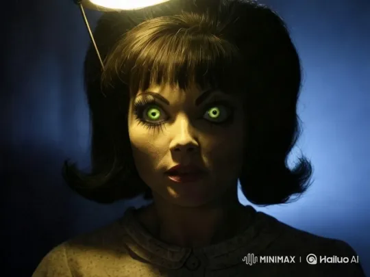 Woman with Glowing Eyes in Eerie Blue-Lit Scene – AI Generated Video | Hailuo AI