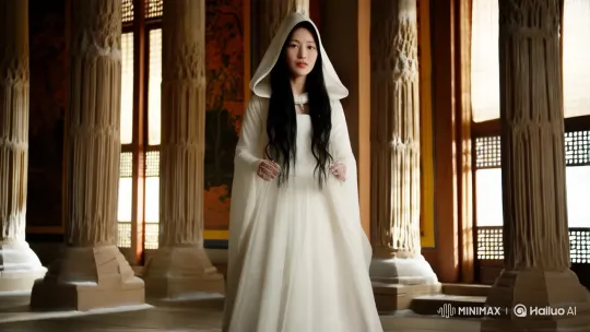Asian Woman in Wedding Attire Disappears in Eerie Hall – AI Generated Video | Hailuo AI